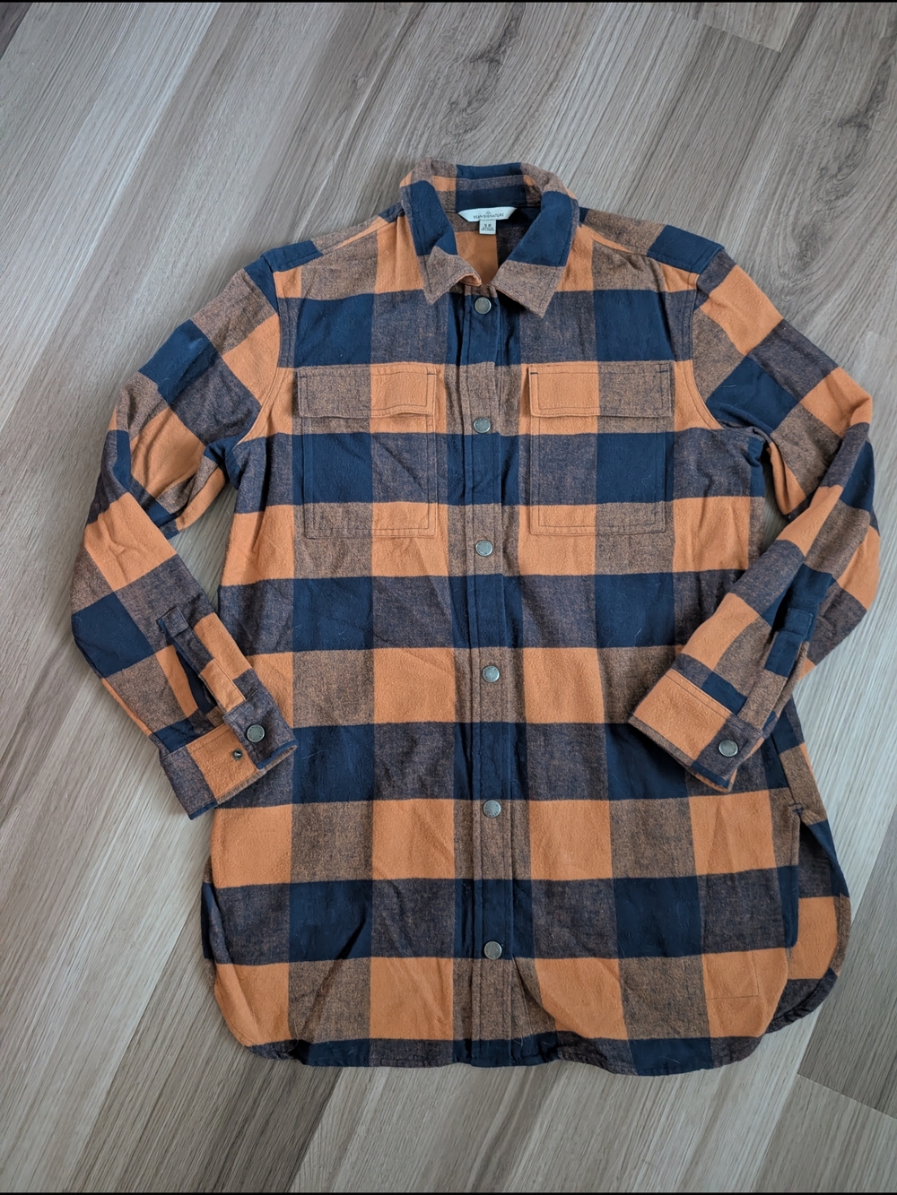 L.L.Bean Signature Buffalo Plaid Flannel Shirt Women's Small Orange Navy Snap Fr